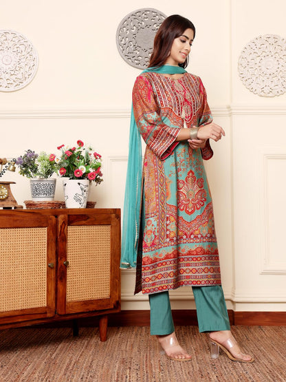 Varanga Women Turkish Ethnic Printed Zari & Gota Lace Detailed Kurta With Solid Trouser & Dupatta  Elegant Ethnic Set