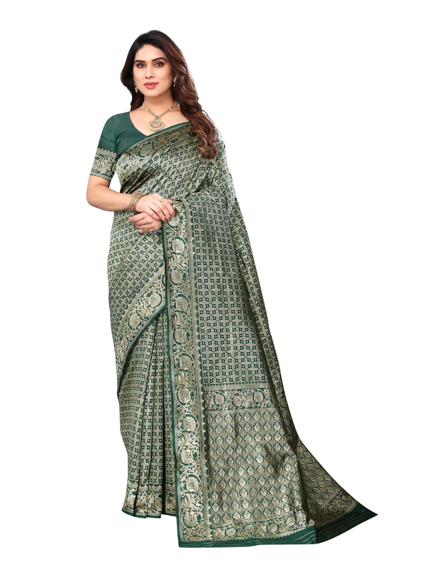 Sidhidata Womens Banarasi Jacquard Silk Saree With Unstitched Blouse Piece (Silk Kasturi Bottle Green_Bottle Green_Free Size)