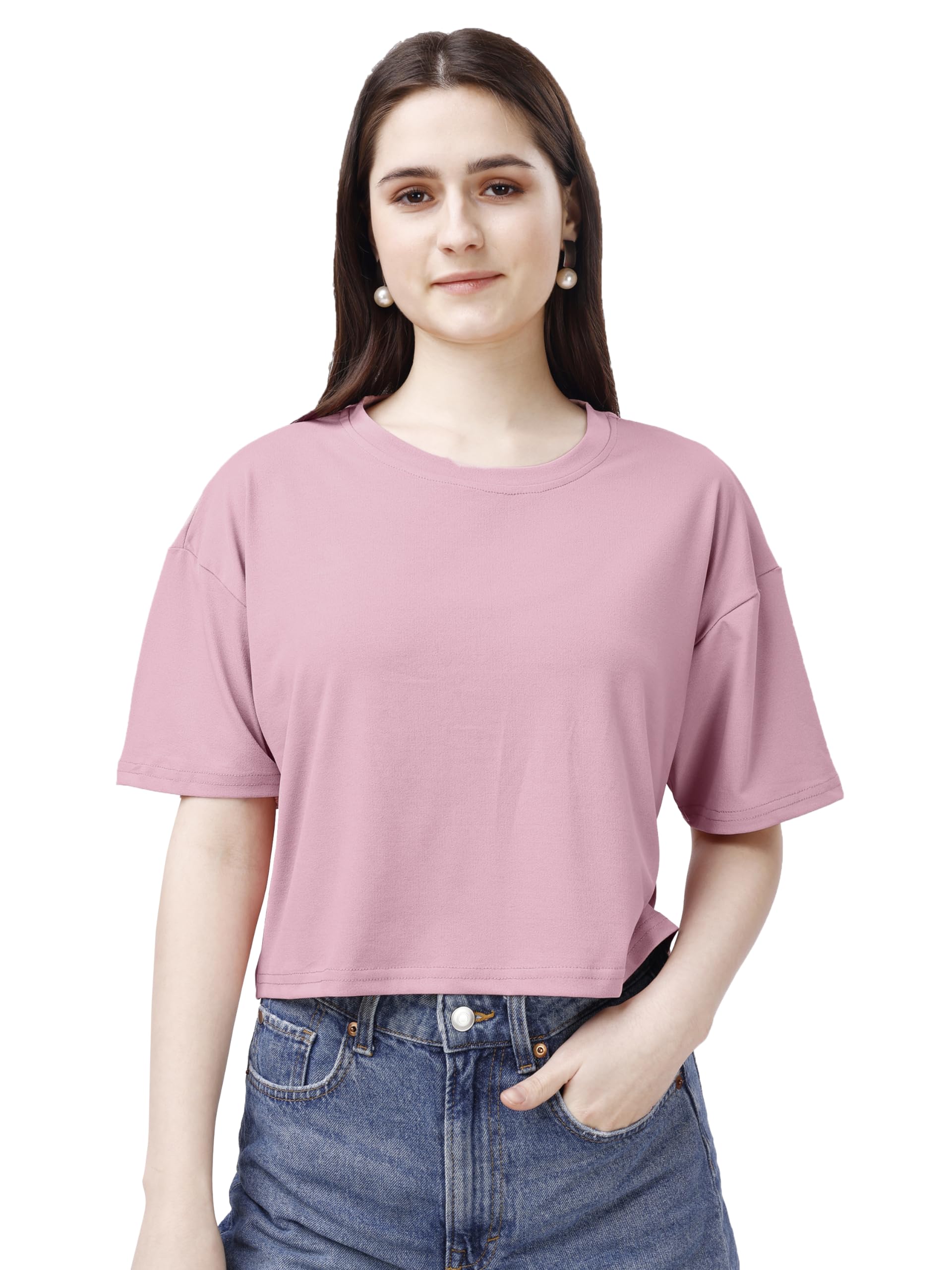 ELLITI Soft Rich Cotton Rose Gold Half Sleeve | Round Neck | Oversized/Loose Fit | Down Solder | Plain/Soild Crop Top for Women