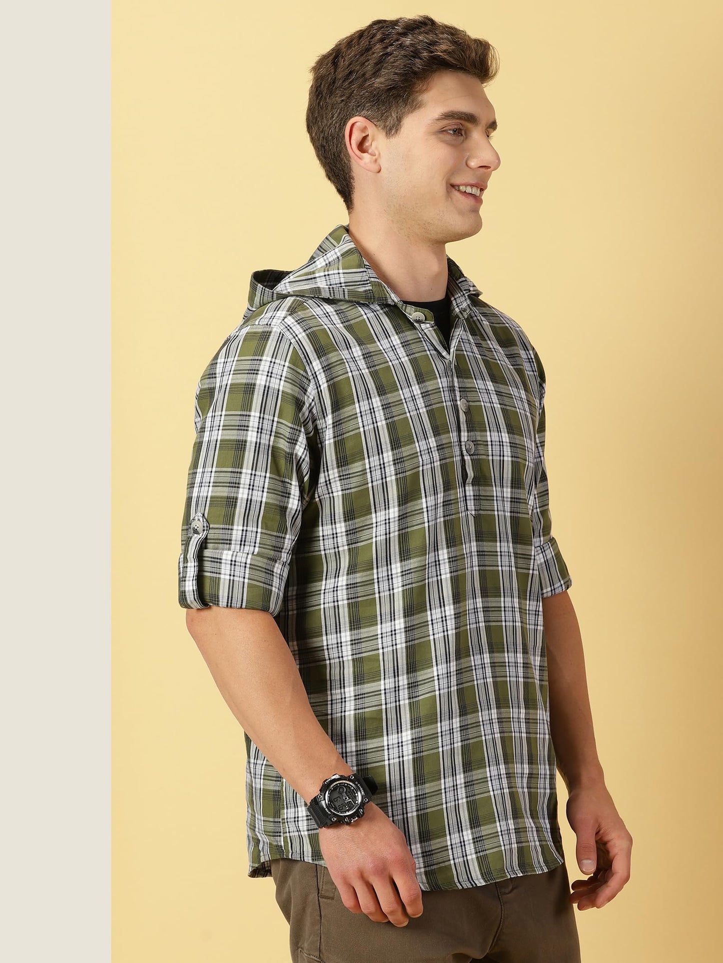 Thomas Scott 100% Cotton Checkred Hodiee Half Placket Shirts for Mens