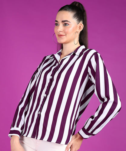 POPWINGS Stripe Printed Crepe Shirt for Women Stylish Western Casual Regular Fit Full Sleeves Shirts for Women Shirt