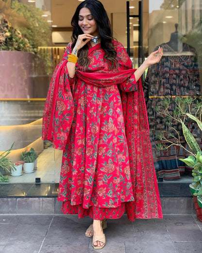 GoSriKi Women's Anarkali Kurta Set with Palazzo & Dupatta, 3XL, Pink, Viscose, Model CIA-CLRS-GS