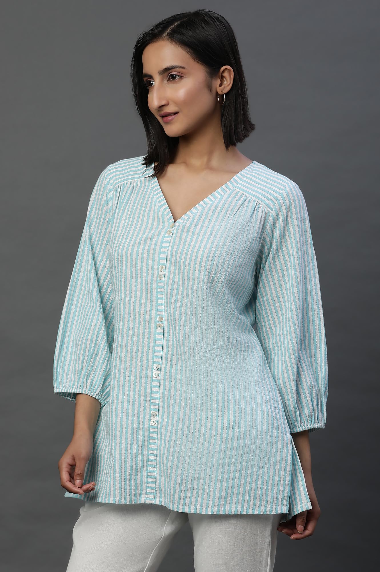 Aurelia WomenS Cotton Striped Regular Kurti (24Fea30426_Blue