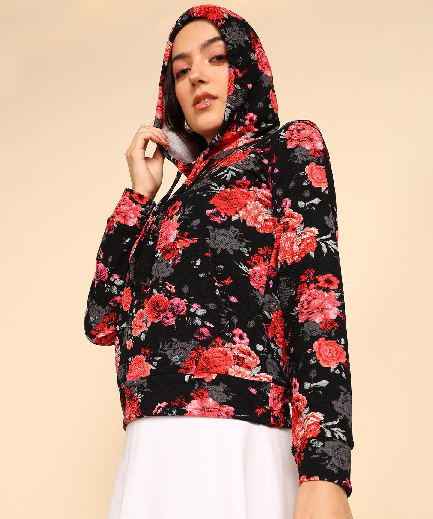 POPWINGS Women Casual Multicolor Floral Printed Hooded Pocket Sweatshirt | Winter Wear | Trendy Womens Sweatshirts