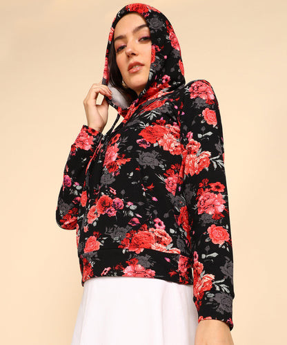 POPWINGS Women Casual Multicolor Floral Printed Hooded Pocket Sweatshirt | Winter Wear | Trendy Womens Sweatshirts