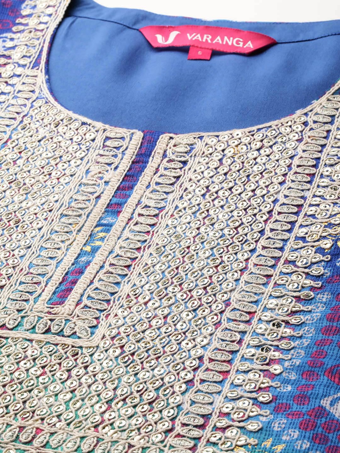 Varanga WomenS Blue Bandhani Printed Zari Embroidered Kurta With Bottom And Dupatta