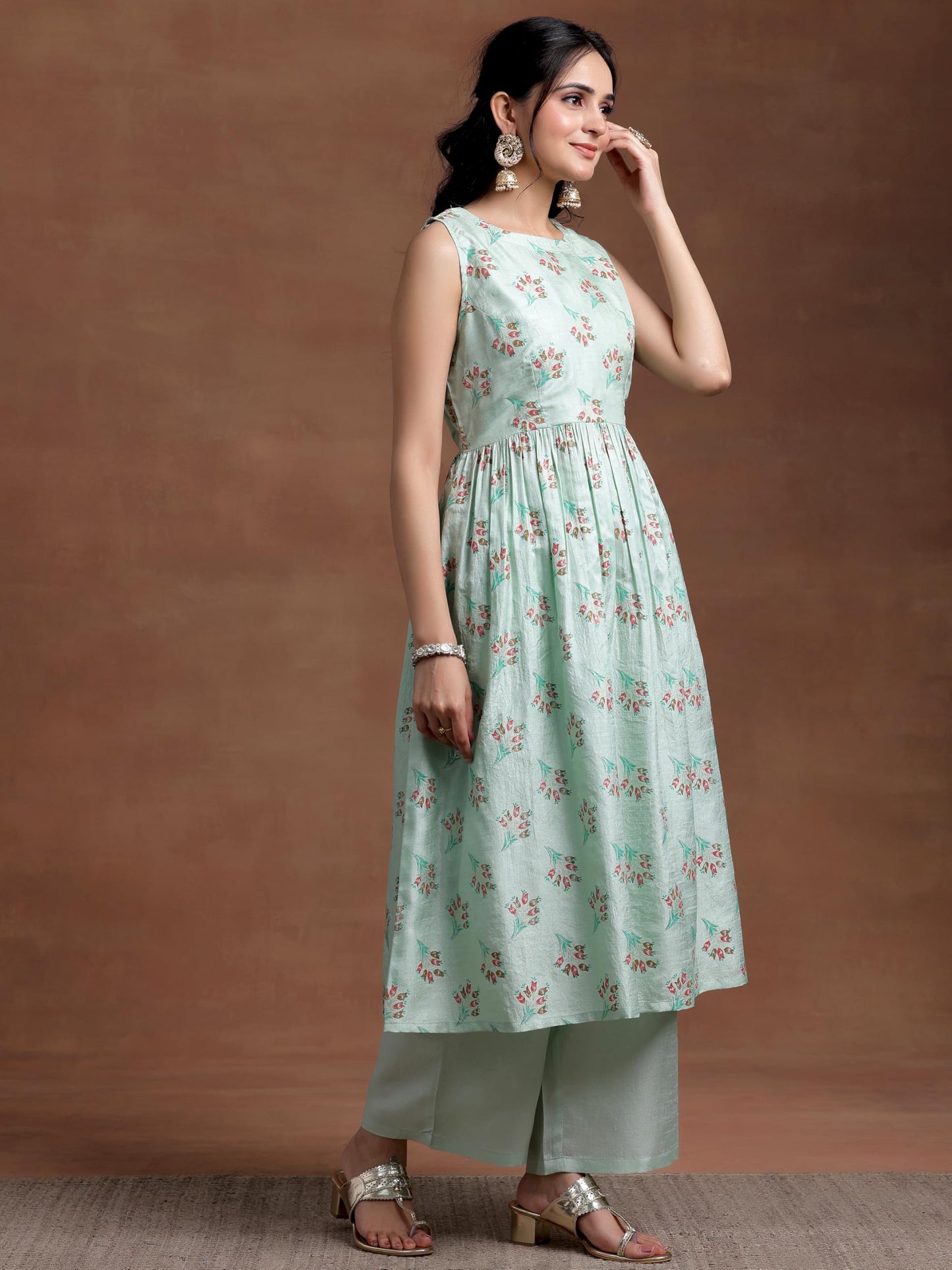 Libas Womens Printed Silk Blend A-Line Kurta With Palazzos And Dupatta