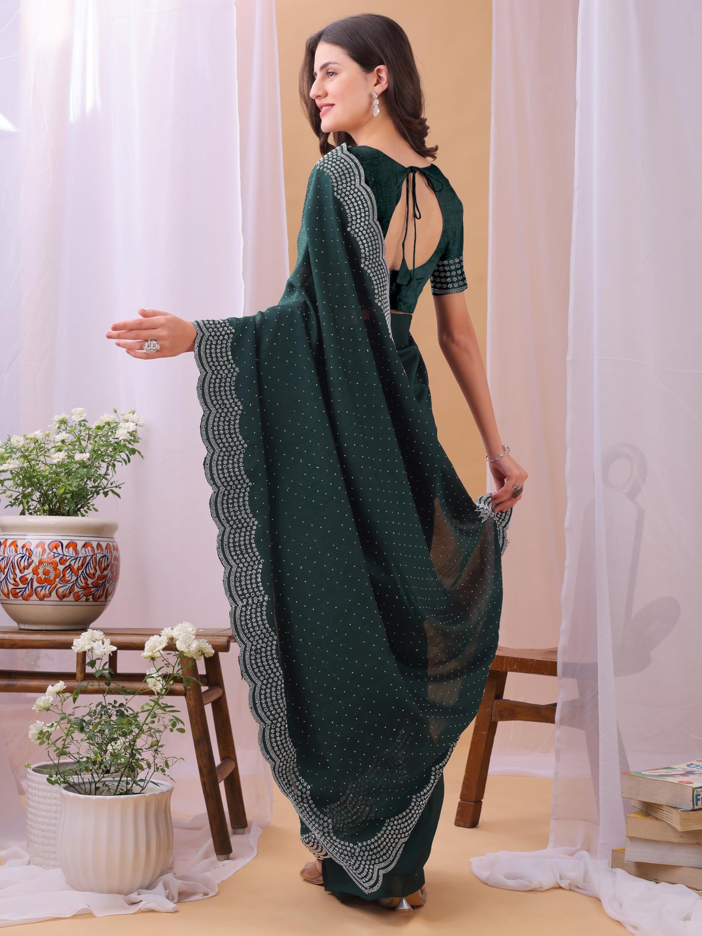 Dhyey Fashion WomenS Chiffon Saree With Unstitched Blouse Piece With Stone Work And Sparkle | Sari For Women Chiffon Saree | Sp