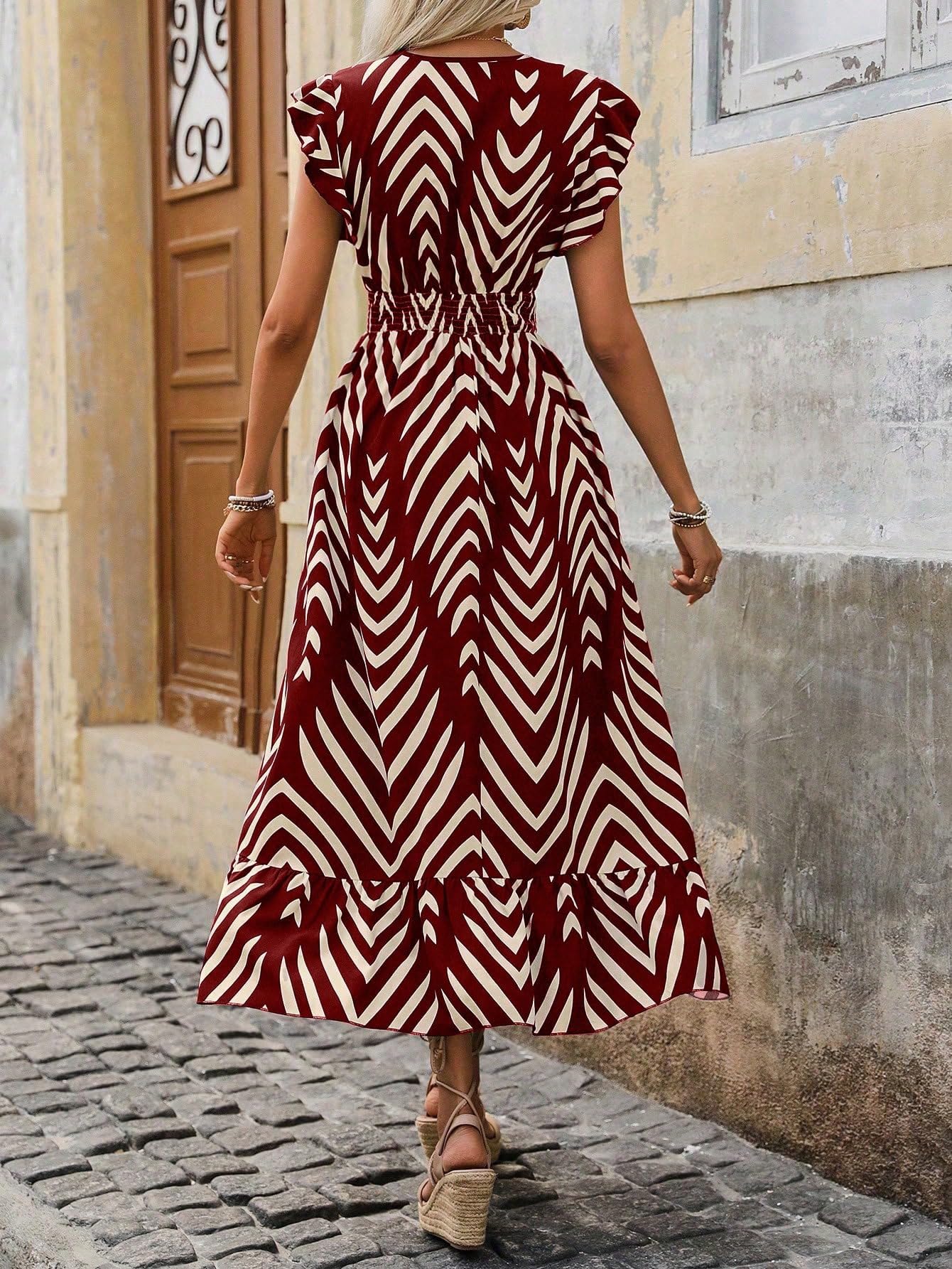 Shasmi WomenS & GirlS Maroon V-Neck Striped Printed Dress With Ruffled Hem And Belted Waist For Vacation, One Piece Dress For