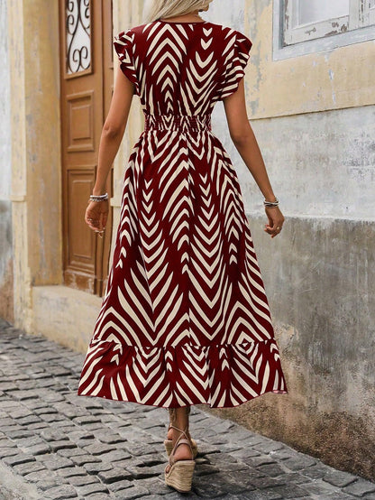 Shasmi WomenS & GirlS Maroon V-Neck Striped Printed Dress With Ruffled Hem And Belted Waist For Vacation, One Piece Dress For
