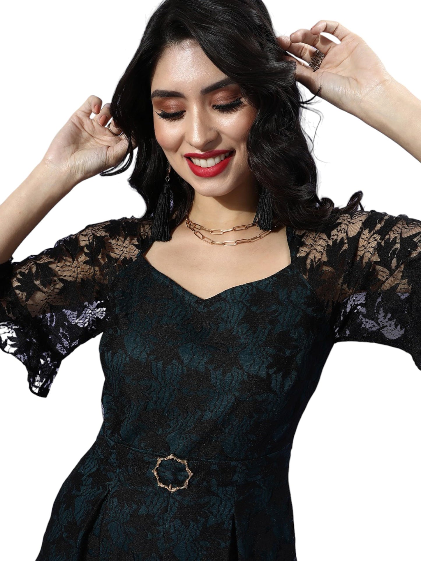 Miss Chase Womens V-neck Raglan Sleeve Lace Overlaid Regular Jumpsuit (MCSS25D93-14-85-06, Black & Teal, XL)