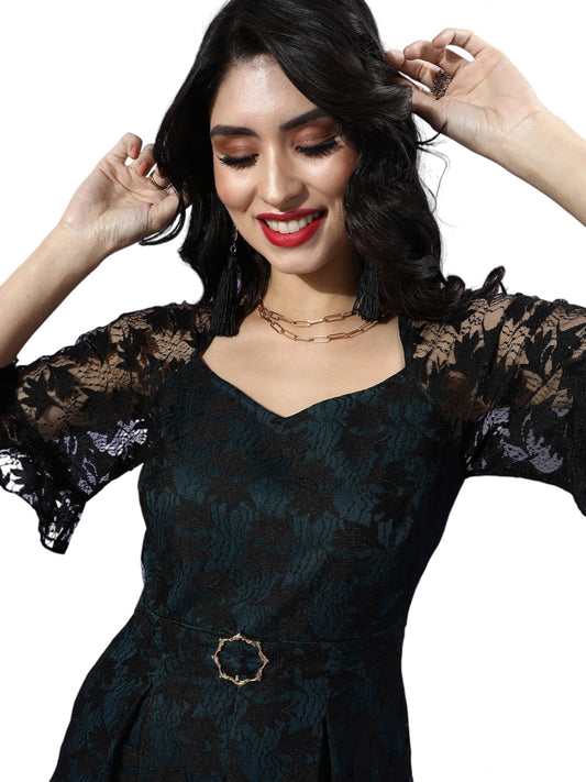 Miss Chase Womens V-neck Raglan Sleeve Lace Overlaid Regular Jumpsuit (MCSS25D93-14-85-06, Black & Teal, XL)