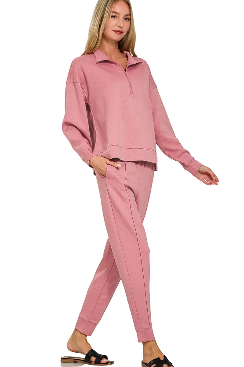 Zenana Scuba Half Zip Pullover and Jogger Set