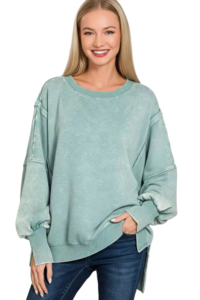 Zenana Acid Washed Batwing Sleeve Fleece Sweatshirt