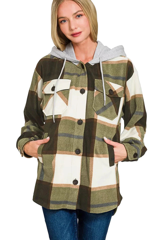 Zenana Plaid Drawstring Hooded Fleece Shacket