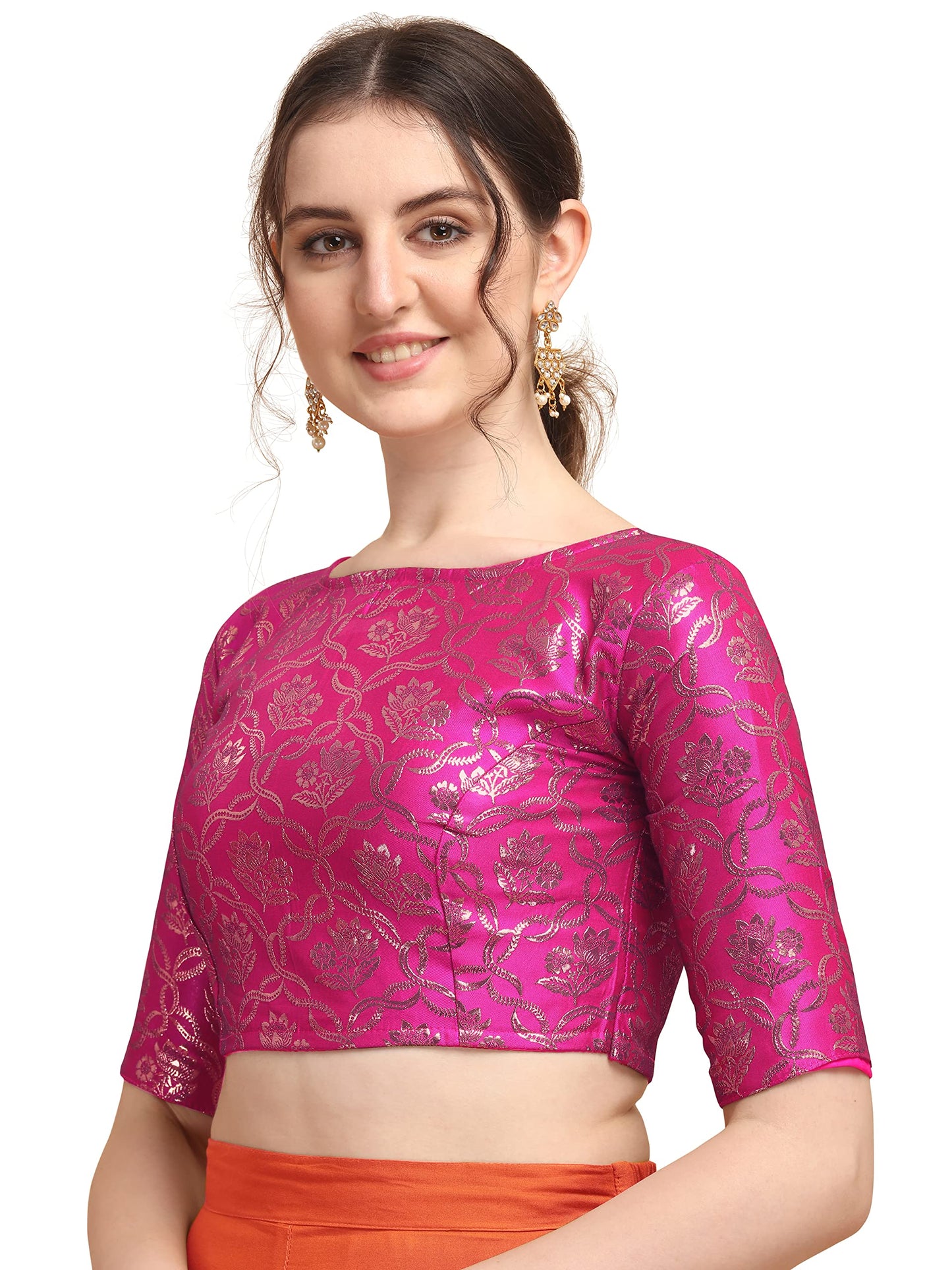 Oomph! WomenS Indian Ethnic Wear Designer Twist Leaf Pattern Zari Work Boat Neck Half Sleeve Pink Color Jacquard Readymade Blou