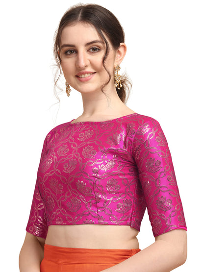 Oomph! WomenS Indian Ethnic Wear Designer Twist Leaf Pattern Zari Work Boat Neck Half Sleeve Pink Color Jacquard Readymade Blou