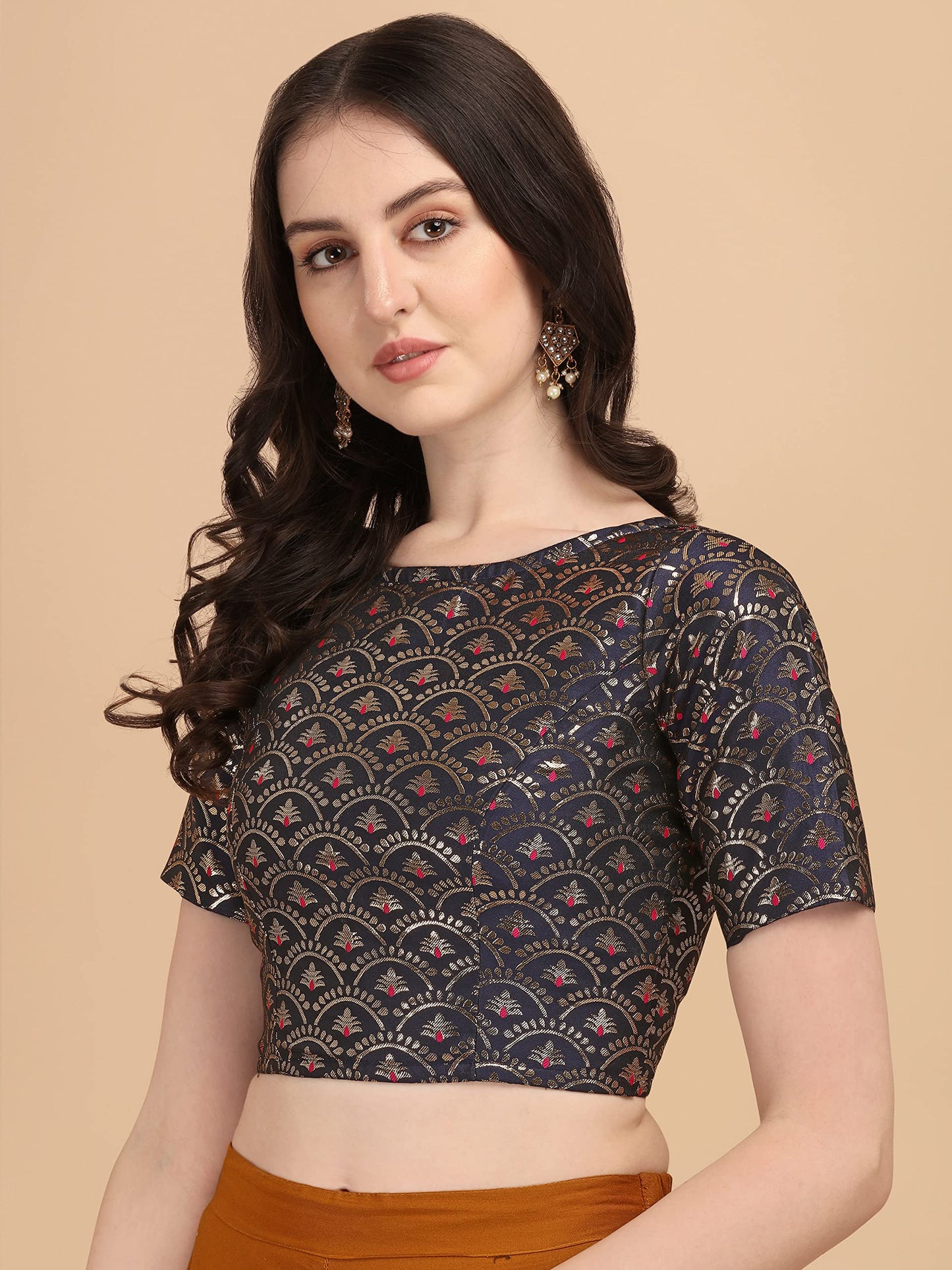 Oomph! WomenS Indian Ethnic Wear Designer Zari Work Boat Neck Half Sleeve Navy Blue Color Blouse For Saree Or Lehnga And Palazz