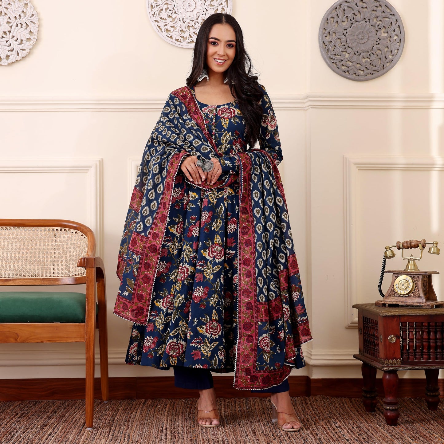 Gosriki WomenS Rayon Viscose Anarkali Printed Kurta With Pant & Dupatta (Minari Blue-Gs_Xxl_Blue_Xx-Large)