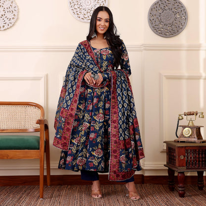 Gosriki WomenS Rayon Viscose Anarkali Printed Kurta With Pant & Dupatta (Minari Blue-Gs_Xxl_Blue_Xx-Large)