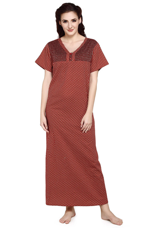 Evolove WomenS Cotton Long Maxi Night Gown Nighty Dress With Pocket & Stylish Button, Super Soft Comfortable (Brown & Maroon, L