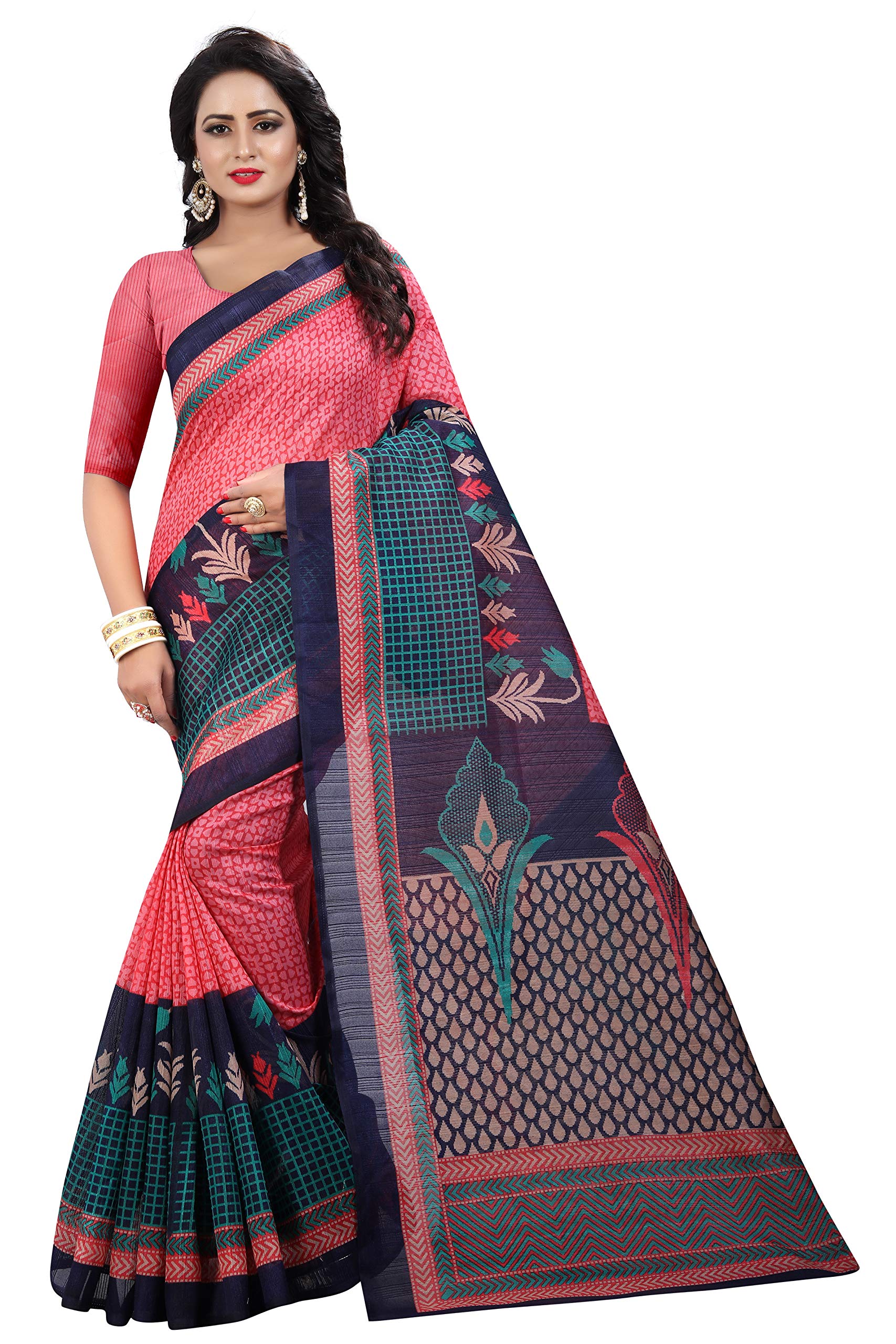 ANNI DESIGNER Womens Bhagalpuri Ethnic Printed Casual Wear Saree with Blouse Piece(AD-ROSY CHECKS,Pink,Free Size)