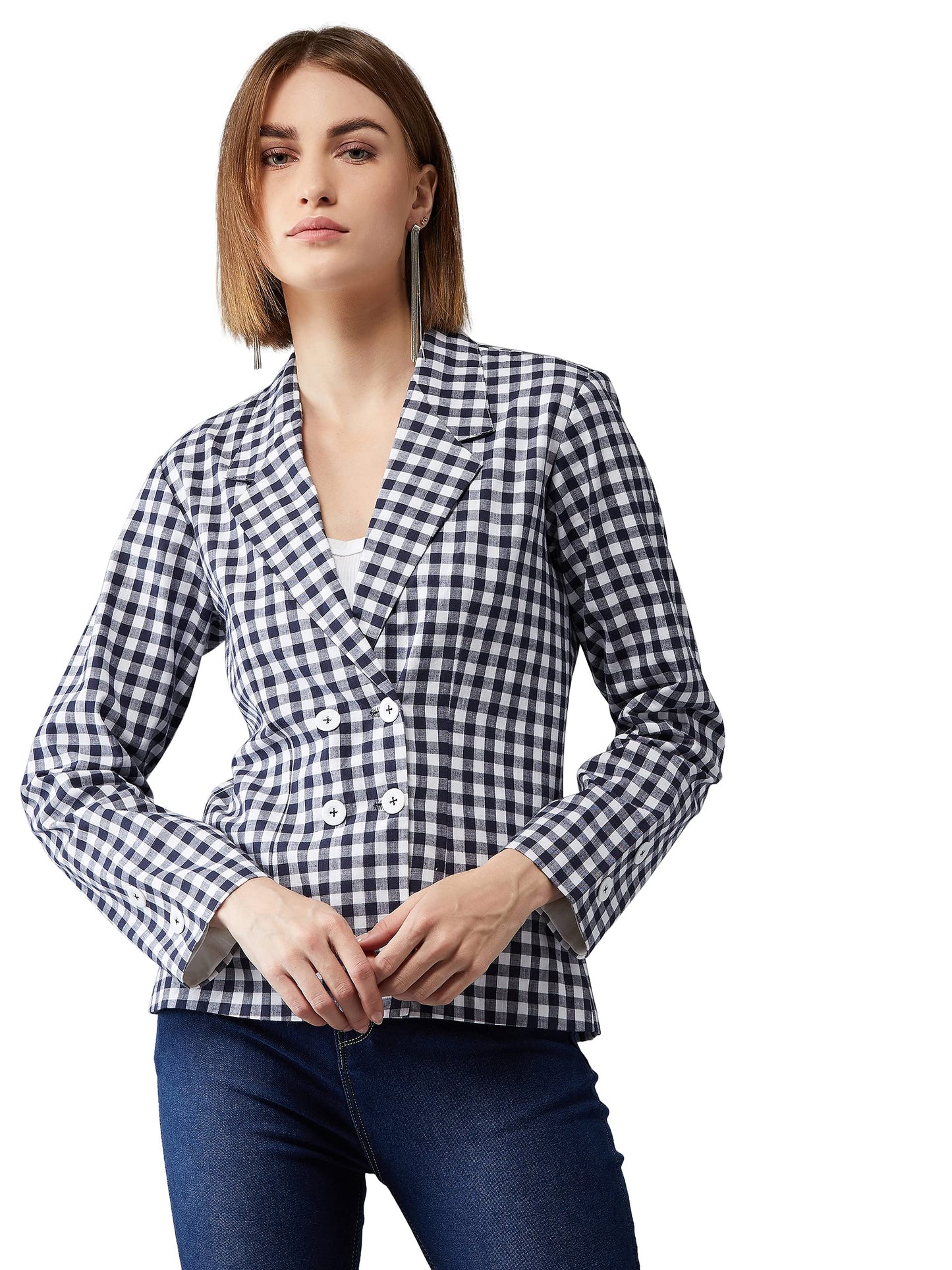 Dolce Crudo WomenS Navy Blue And White Collared Full Sleeves Checkered Regular Length Notched Jacket(Doaw19Jkt02-86-154-03,Multi