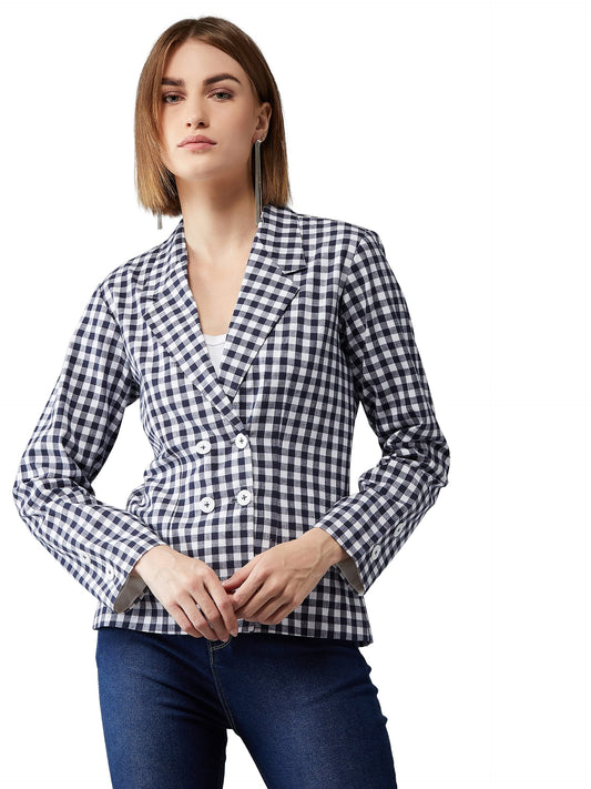 Dolce Crudo WomenS Navy Blue And White Collared Full Sleeves Checkered Regular Length Notched Jacket(Doaw19Jkt02-86-154-03,Multi