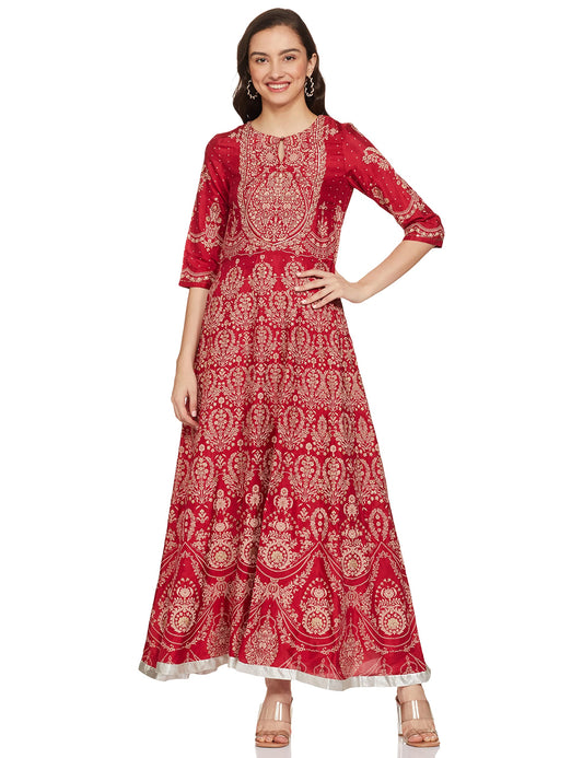 W For Woman Dark Red Ethnic Motif Khadi Sequin Maxi Dress