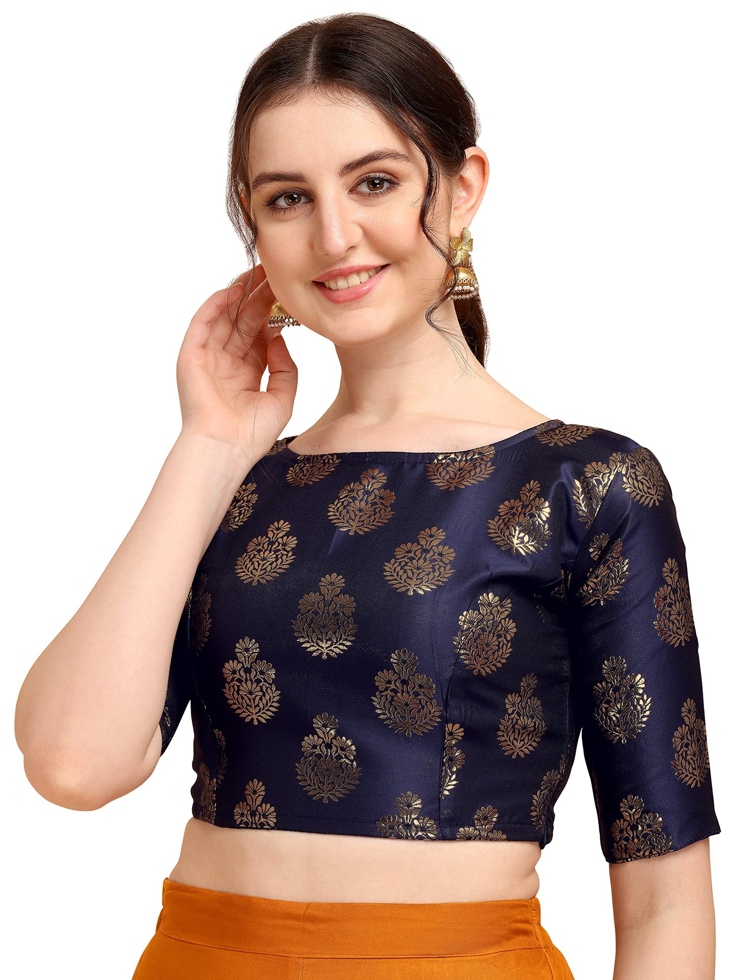 Oomph! WomenS Indian Ethnic Wear Designer Floral Pattern Zari Work Boat Neck Half Sleeve Readymade Non - Padded Blouse For Sare