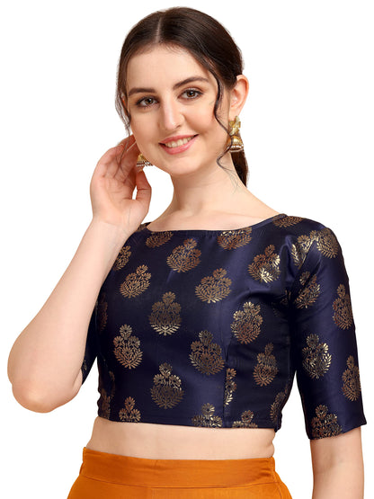 Oomph! WomenS Indian Ethnic Wear Designer Floral Pattern Zari Work Boat Neck Half Sleeve Readymade Non - Padded Blouse For Sare