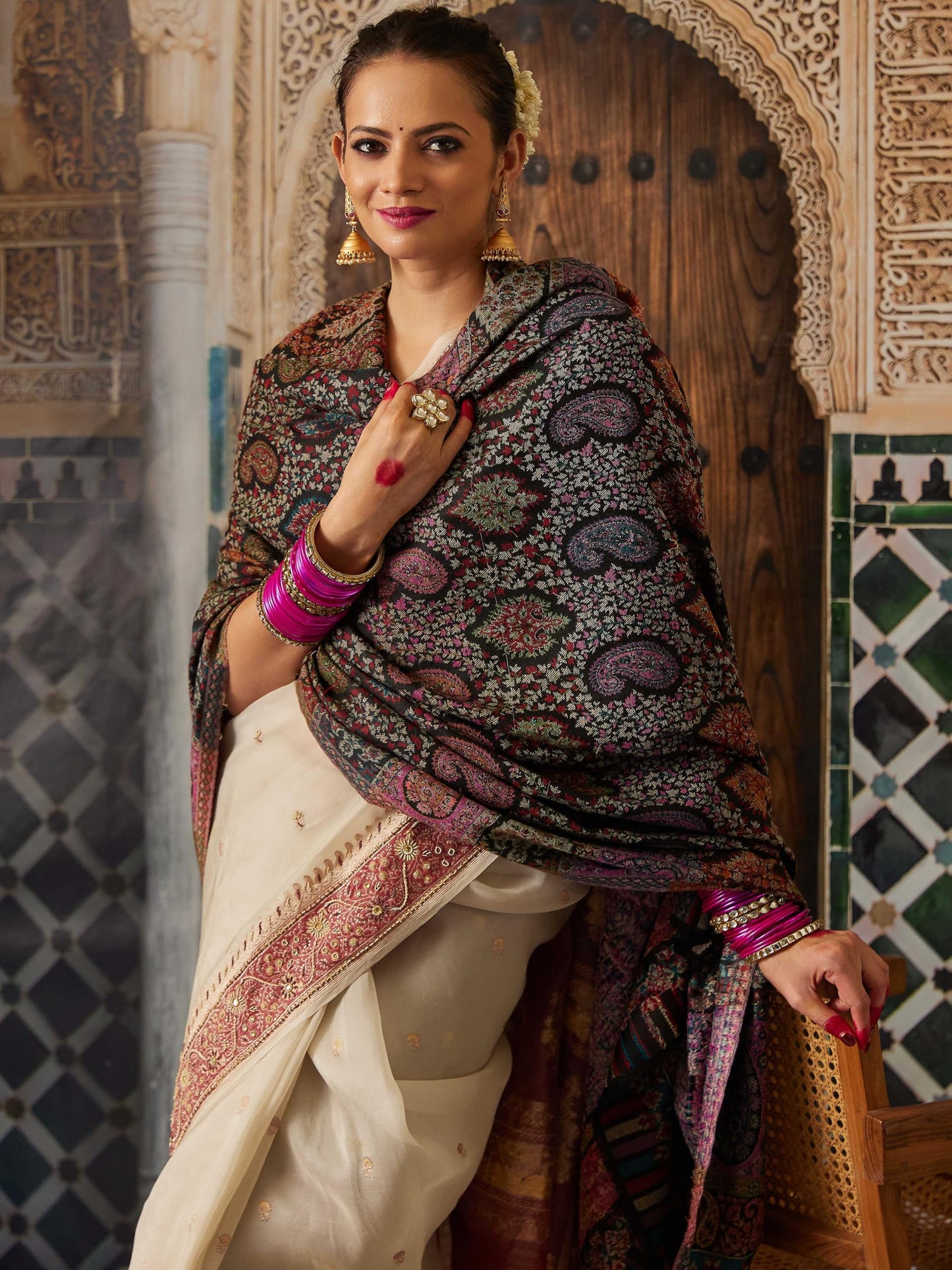 Pashmoda Women Dilruba Kaani Wool Blend Kashmiri Shawl, Stole, Scarf, Luxury Pashmina Evening Wrap (Size: 101 X 203 CM)