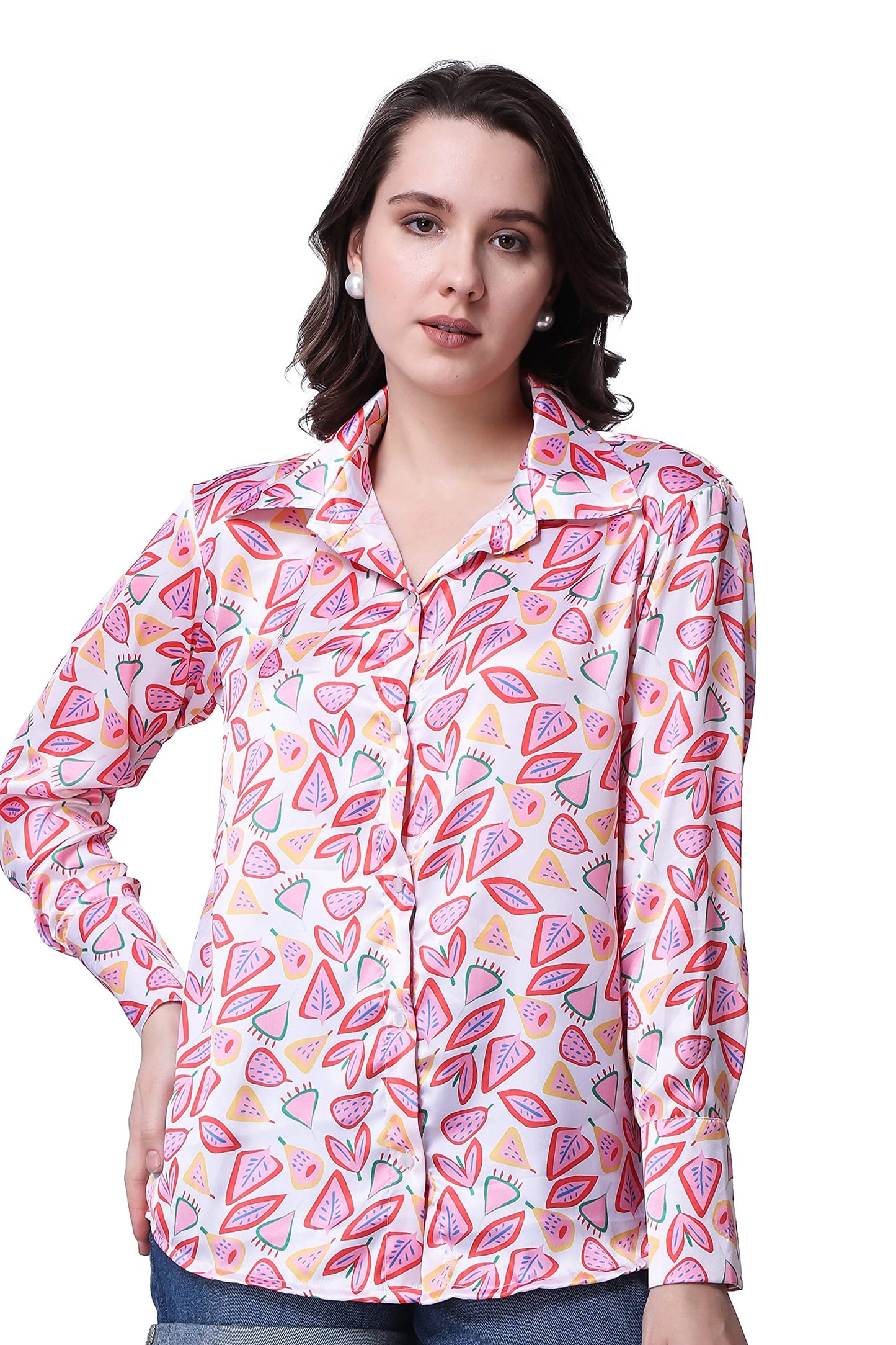 POPWINGS Printed Full-Sleeves Regular-Fit Satin Printed Shirt for Women Stylish Western Casual Wear