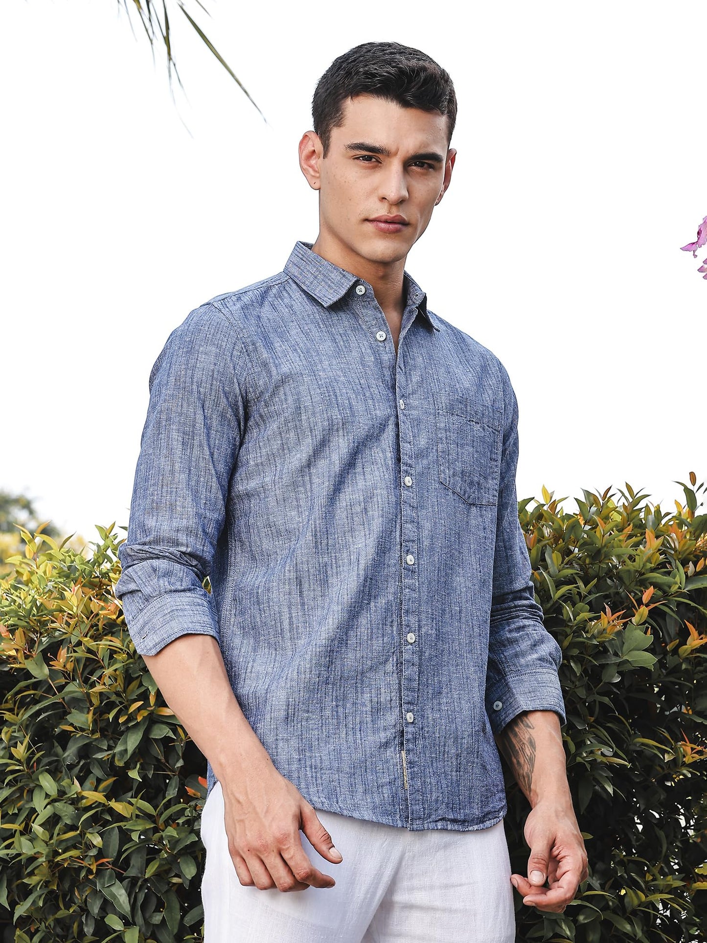 Thomas Scott Mens | Solid | Premium Linen Blend | Spread Collar | Summer Wear | Long Sleeve | Shirts for Men Blue