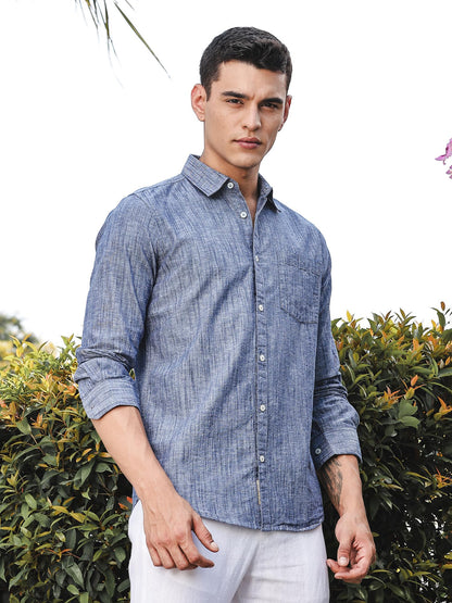 Thomas Scott Mens | Solid | Premium Linen Blend | Spread Collar | Summer Wear | Long Sleeve | Shirts for Men Blue