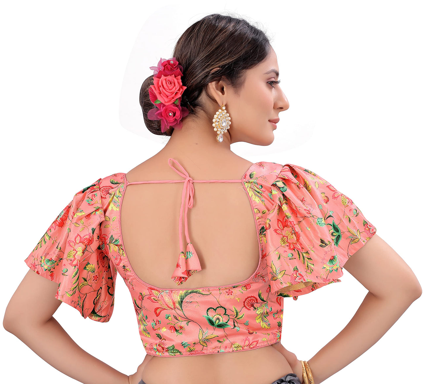 Pujia Mills WomenS Multicolor Butterfly Floral Print Pattern Ruffle Sleeve Readymade Saree Blouse