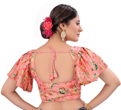 Pujia Mills WomenS Multicolor Butterfly Floral Print Pattern Ruffle Sleeve Readymade Saree Blouse