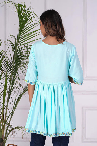 Digital Shopee Rayon Embroidery Short Flair Frock Regular Kurti | Kurta For Women Girls