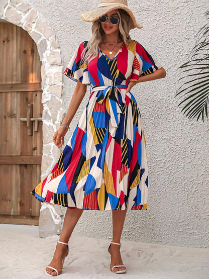 Kzully | Women A-Line Dress With Pleats, Has An V-Neck, Printed Top Comes With A Belt Blue