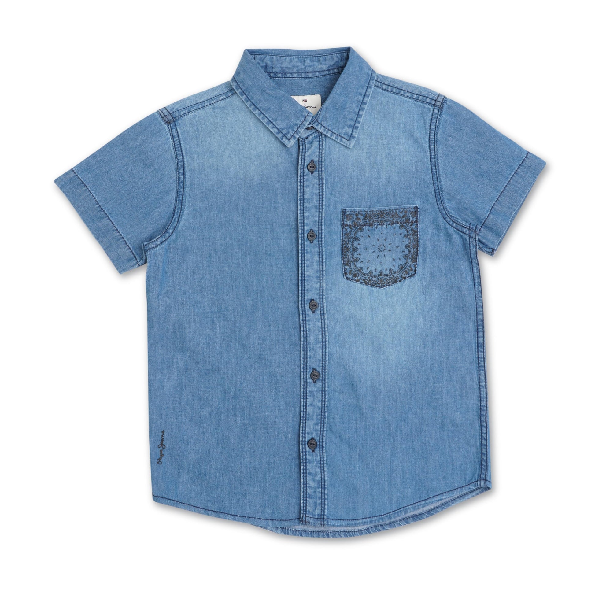 Pepe Jeans Somber Ss Bandana Print Denim Shirt, Mid Lt Wash, 14