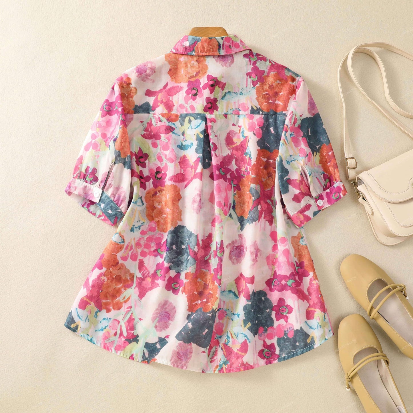 Gufrina Women Pink Multicolor Floral Print Button-Down Shirt With Elbow Sleeves And Collar Neck In Soft Breathable Fabric Ideal
