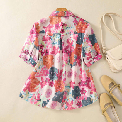 Gufrina Women Pink Multicolor Floral Print Button-Down Shirt With Elbow Sleeves And Collar Neck In Soft Breathable Fabric Ideal