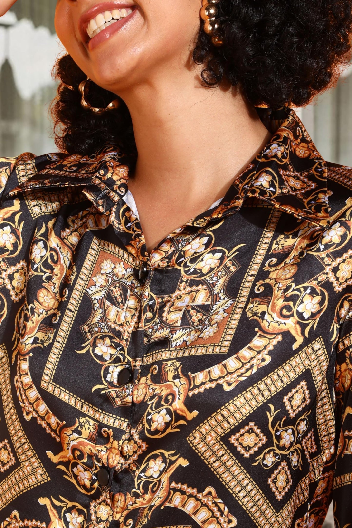 POPWINGS Printed Full-Sleeves Regular-Fit Satin Printed Shirt for Women Stylish Western Casual Wear Black Golden