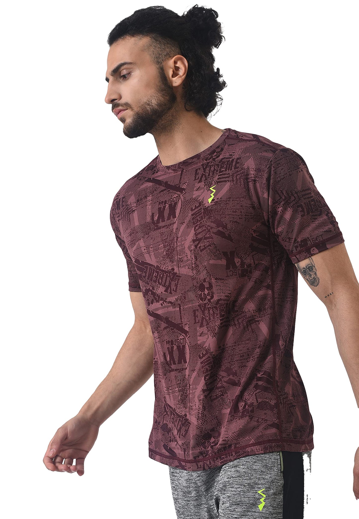 Campus Sutra Mens Maroon Dri-Fit Graphic Printed Half Sleeve Activewear T-Shirt Regular Fit for Casual Wear | Modern Clothing T