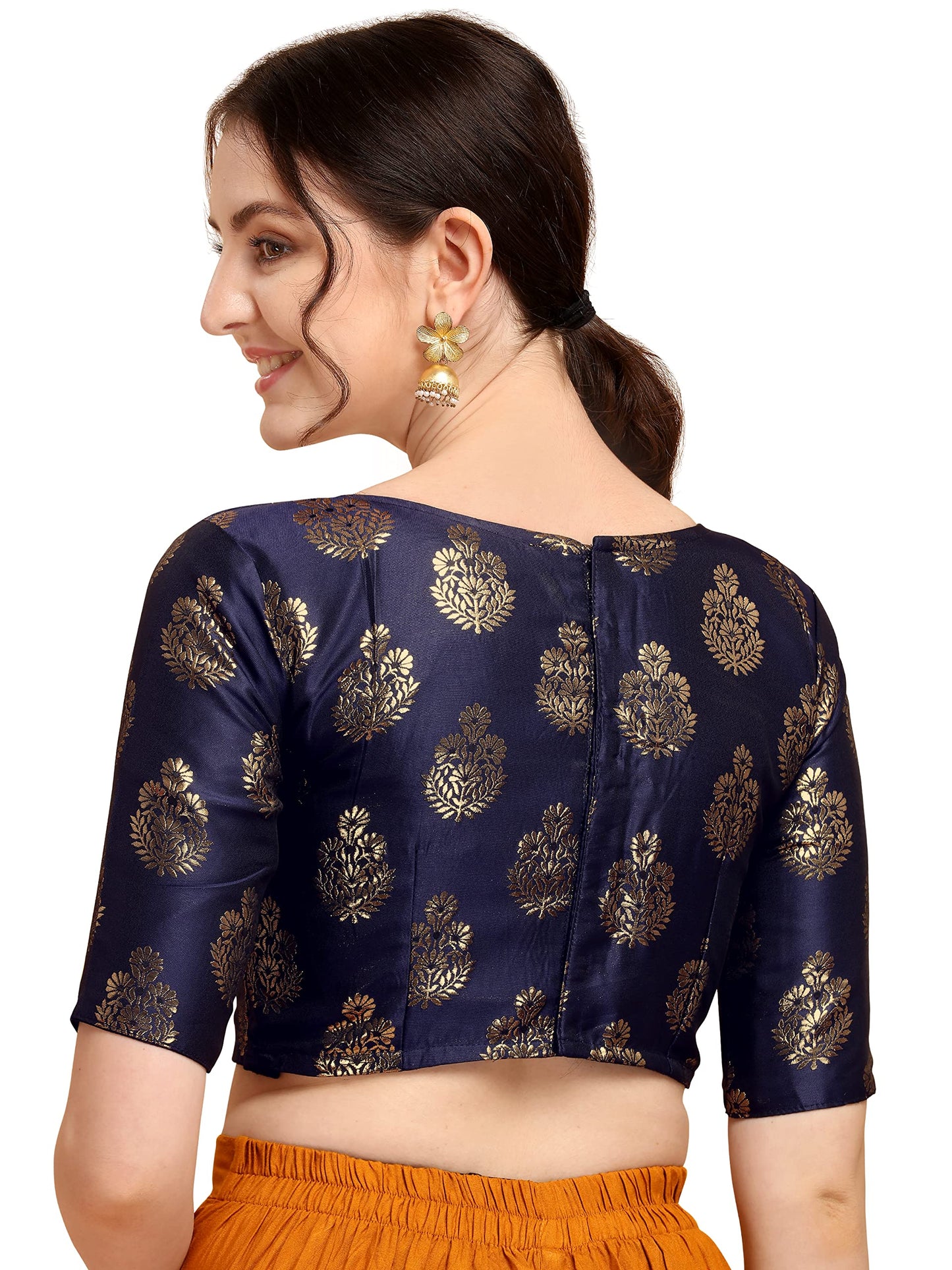 Oomph! WomenS Indian Ethnic Wear Designer Floral Pattern Zari Work Boat Neck Half Sleeve Readymade Non - Padded Blouse For Sare