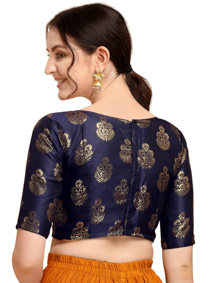 Oomph! WomenS Indian Ethnic Wear Designer Floral Pattern Zari Work Boat Neck Half Sleeve Readymade Non - Padded Blouse For Sare