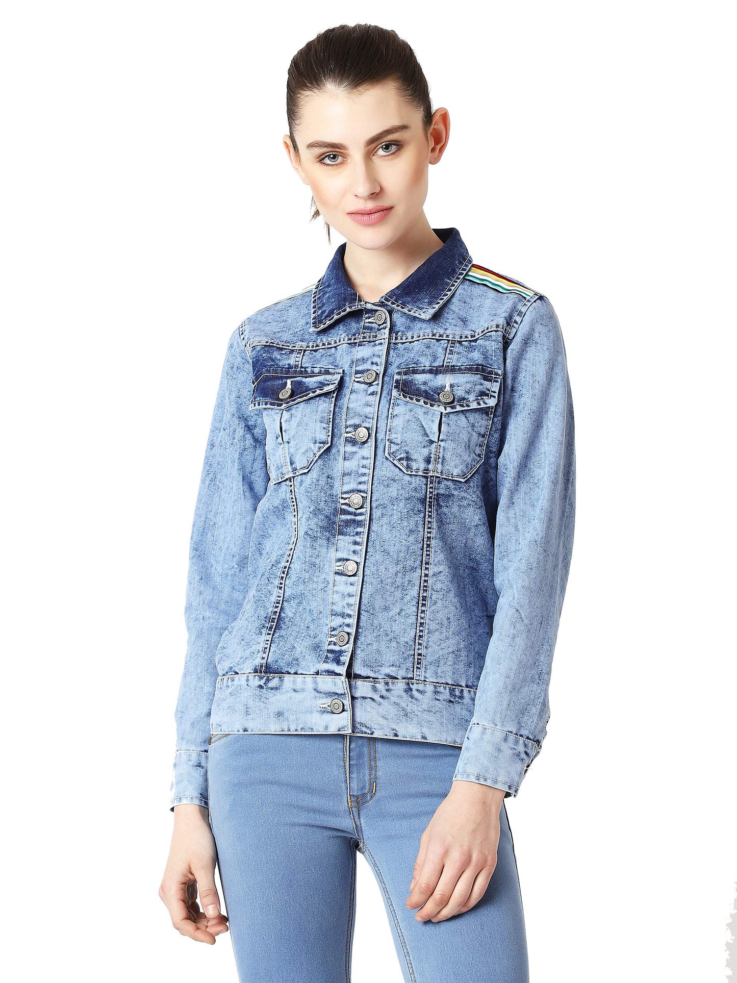 Miss Chase WomenS Collared Full Sleeve Buttoned Ice Wash Twill Tape Detailing Denim Jacket(Mcss19Den05-20-158-06, Light Blue, X