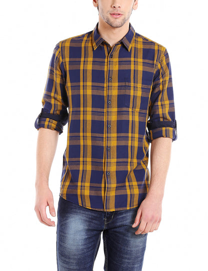Dennis Lingo MenS Cotton Mustard Checkered Slim Fit Full Sleeves Spread Collar Casual Shirt