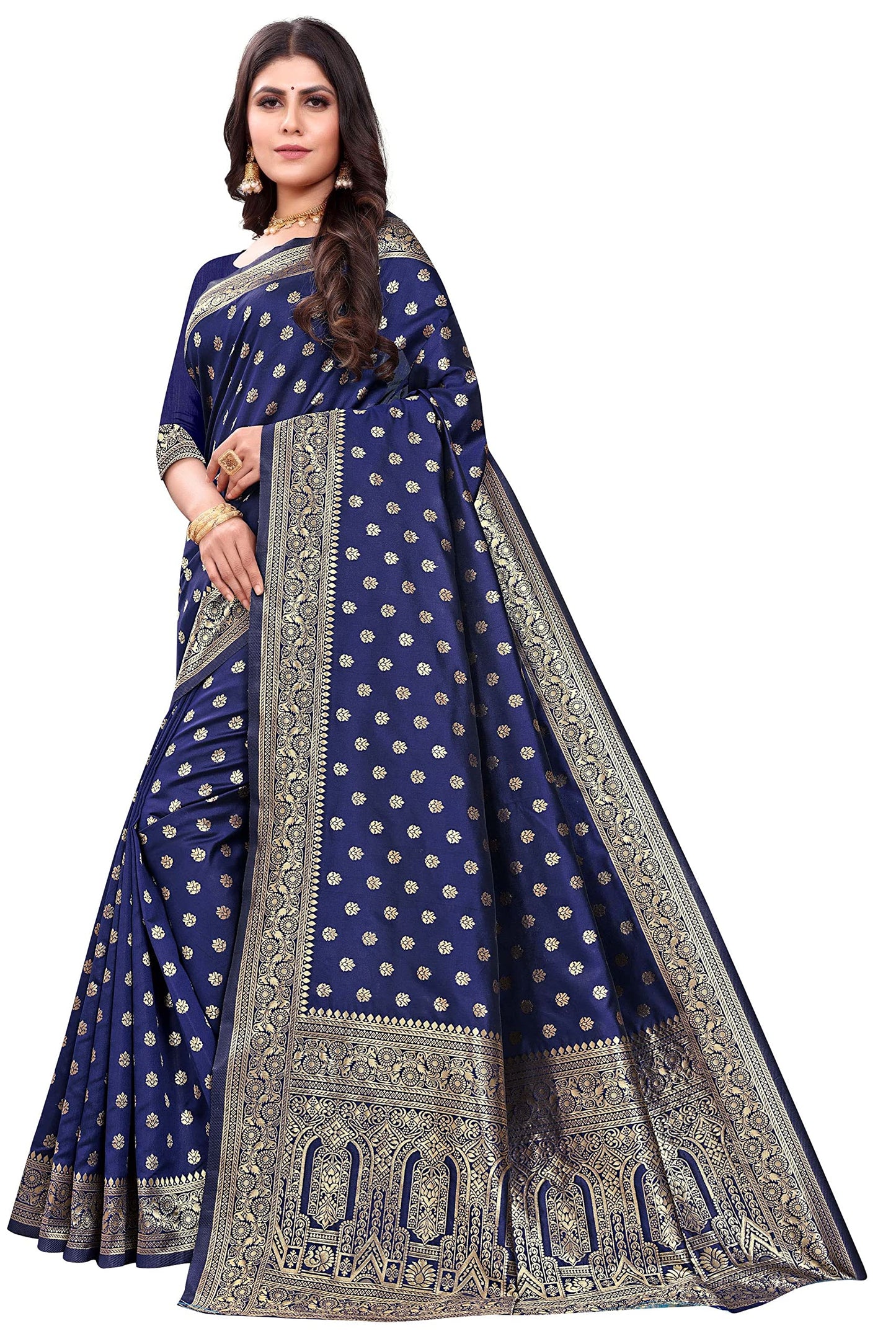 Shasmi Sarees Womens Art Silk Navy Blue Kanchipuram Saree (SAN PARI 124 N BLUE)