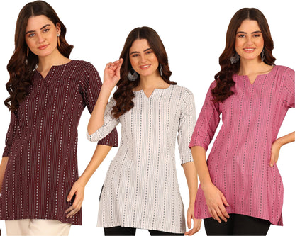 Dsk Studio WomenS And GirlS Striped Short Kurti With Notch Neck 3/4 Sleeves Straight Hem Length | Short Kurti For Women Latest